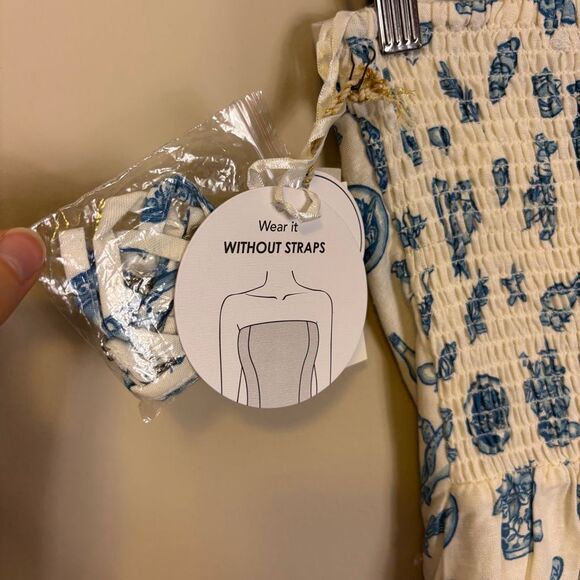 New Jessica Simpson White with Blue Seafood Lobster Fish Print Strapless Mini Dr - Picture 6 of 8